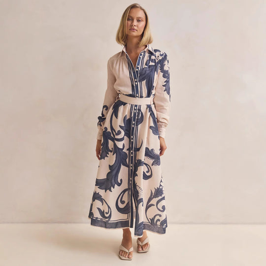Damen Langarmhemdkleid mit floralen Akzenten und Taillengürtel R&B