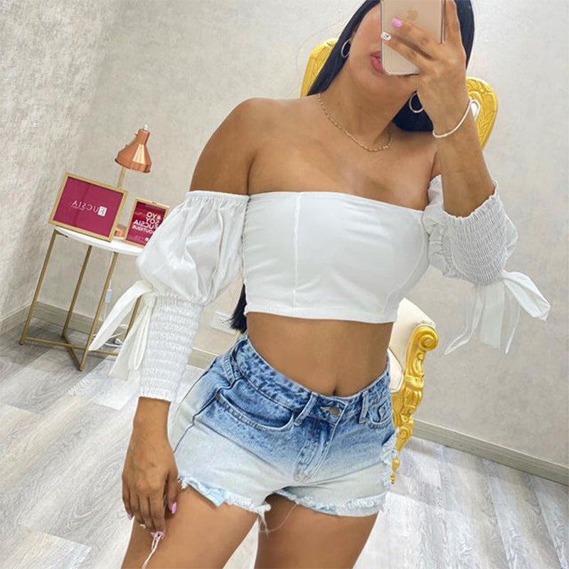 Damen Crop Top mit Puffärmeln und elastischen Details R&B