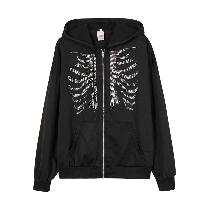 Damen Kapuzenjacke mit einzigartigem Skelett-Design und funkelnden Strasssteinen R&B