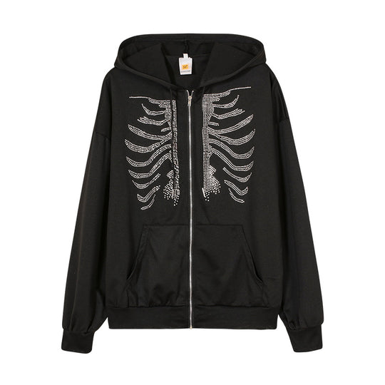 Damen Kapuzenjacke mit einzigartigem Skelett-Design und funkelnden Strasssteinen R&B