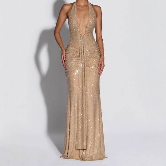 Damen Glamouröses Abendkleid mit tiefem V-Ausschnitt und funkelnden Details R&B