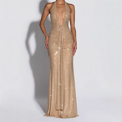Damen Glamouröses Abendkleid mit tiefem V-Ausschnitt und funkelnden Details R&B