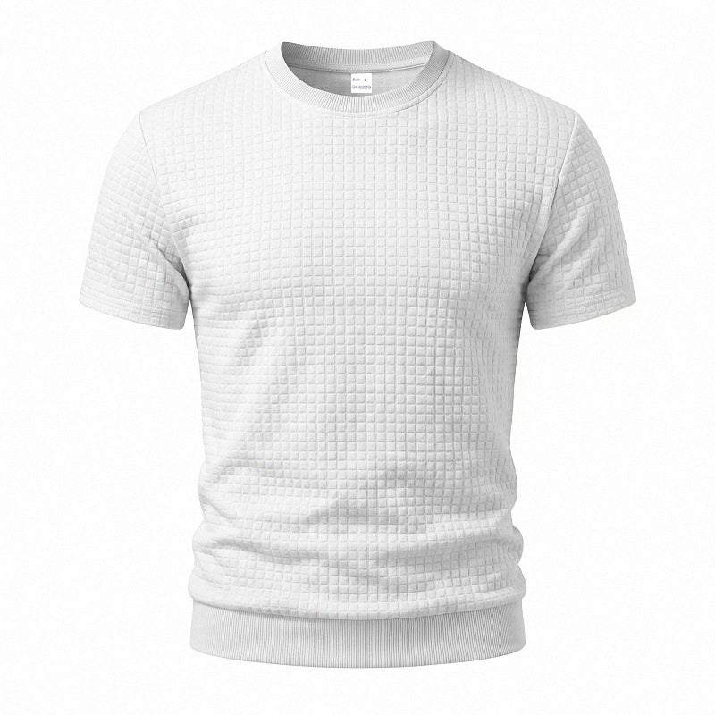 Herren nan kurzärmeliges Strickshirt mit geprägter Karostruktur, Rundhalsausschnitt und geripptem Saum R&B