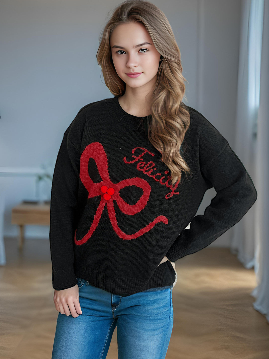 Damen kuscheliger Pullover mit verspielt gestalteter Schleifenapplikation R&B