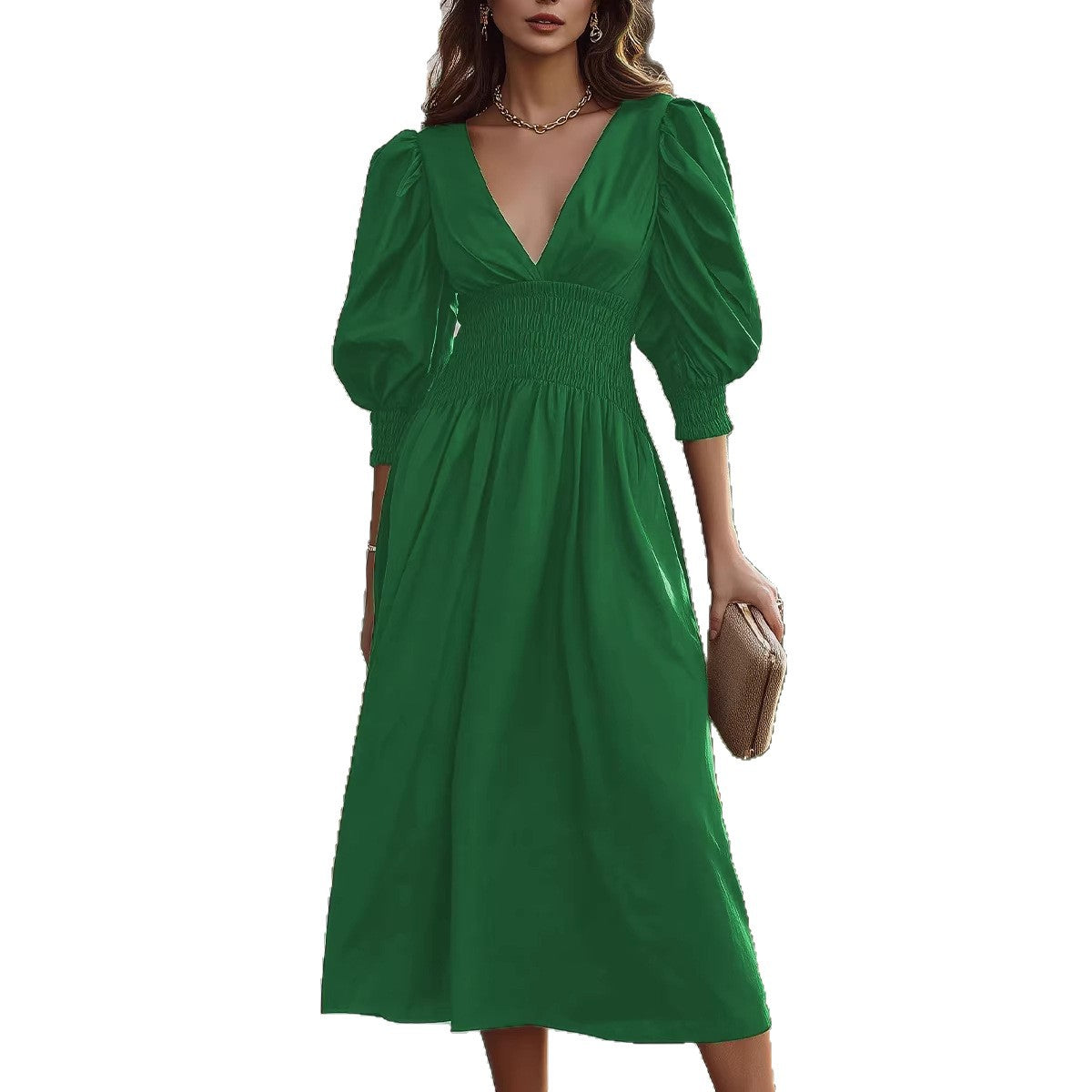 Damen Maxikleid mit schmaler Taille und Puffärmeln R&B