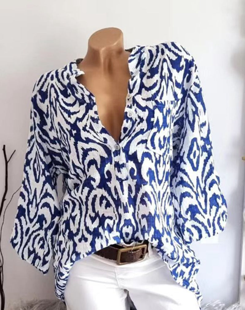 Damen nan locker geschnittene Tunika-Bluse mit Ikat‑Muster, V‑Ausschnitt und Dreiviertelärmeln R&B