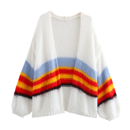 Damen Großer Strickcardigan mit buntem Streifendesign R&B