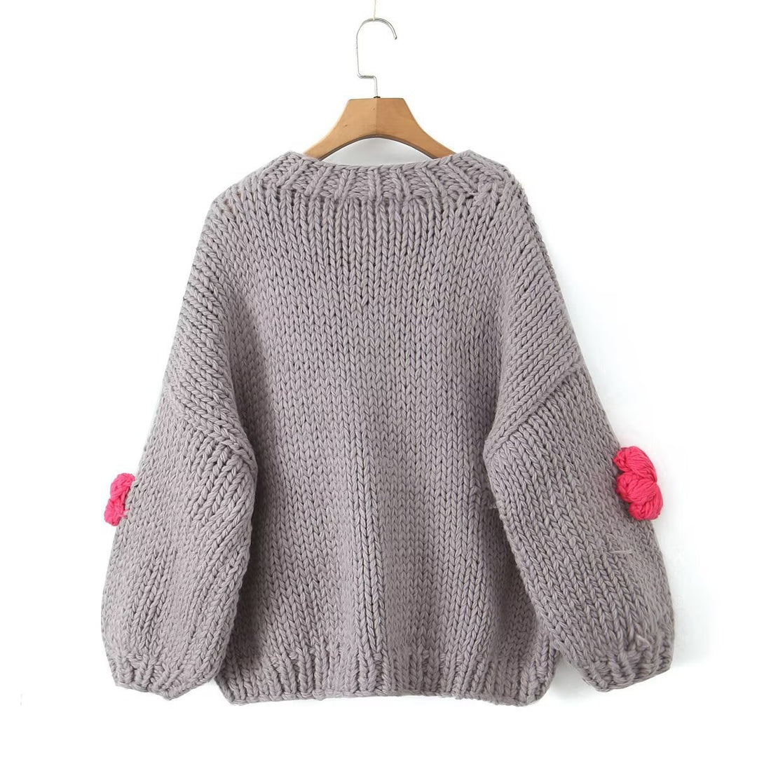 Damen gepunkteter Strickpullover mit voluminösen Ärmeln und floralem Design R&B