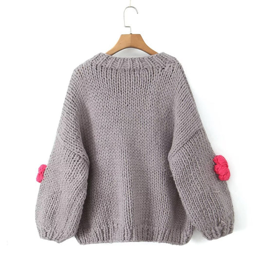 Damen gepunkteter Strickpullover mit voluminösen Ärmeln und floralem Design R&B