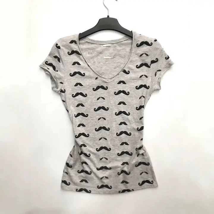 Damen T-Shirt mit kreativem Schnurrbart-Design R&B