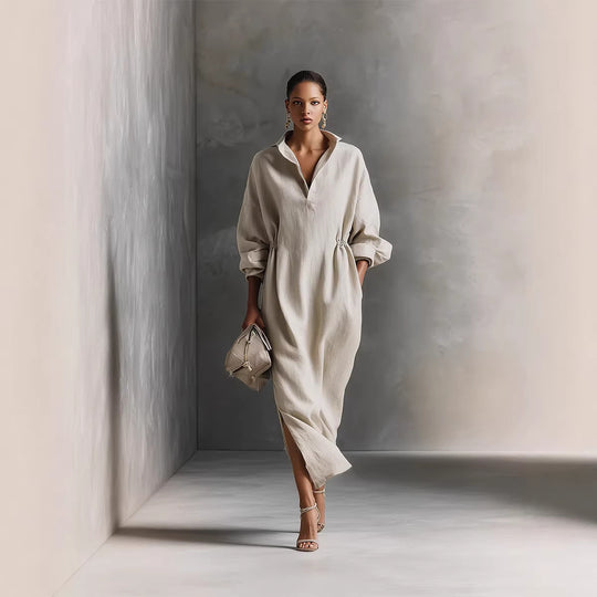 Damen stilvolles Midikleid mit Bindegürtel und klassischem Kragen R&B