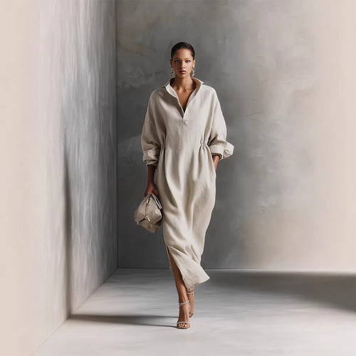 Damen stilvolles Midikleid mit Bindegürtel und klassischem Kragen R&B