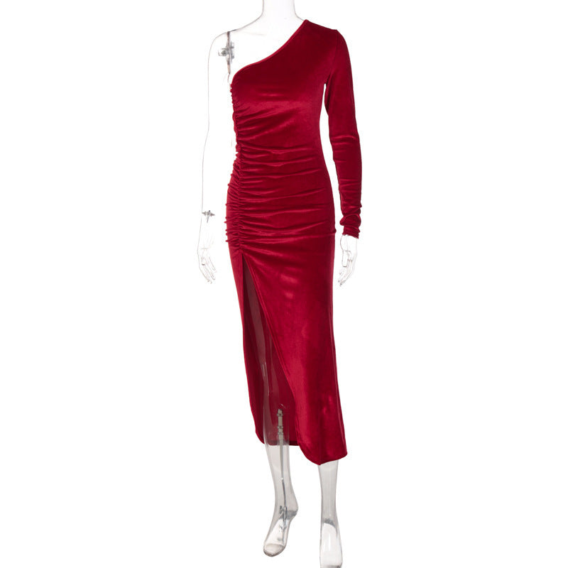 Damen stilvolles Ein-Schulter-Kleid mit Raffungen und Schlitz R&B