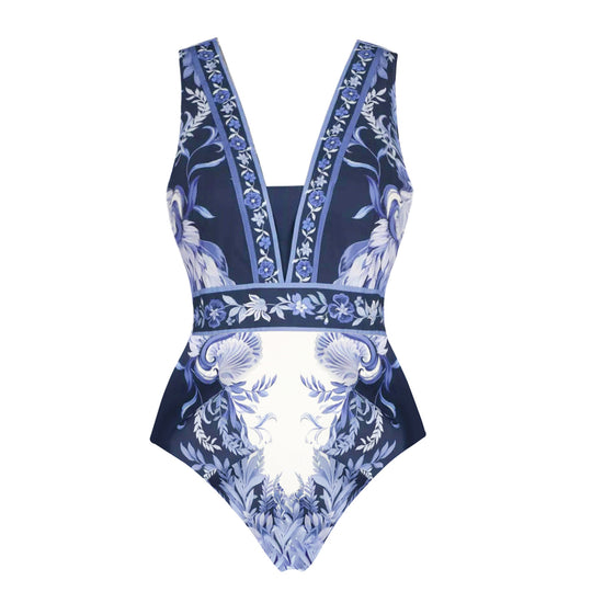 Damen Einteiler Badeanzug mit floralem Design und V-Ausschnitt R&B