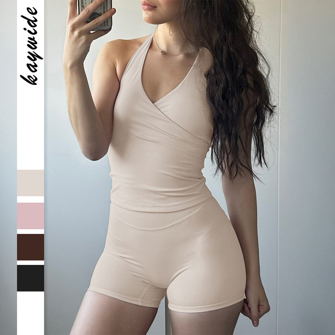 Damen Sportlicher Einteiler mit Wickeldesign und tiefem V-Ausschnitt R&B