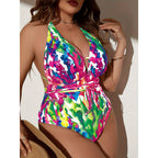 Damen Einteiler Badeanzug mit floralem Wickeldesign und verstellbarem BindR&Band R&B