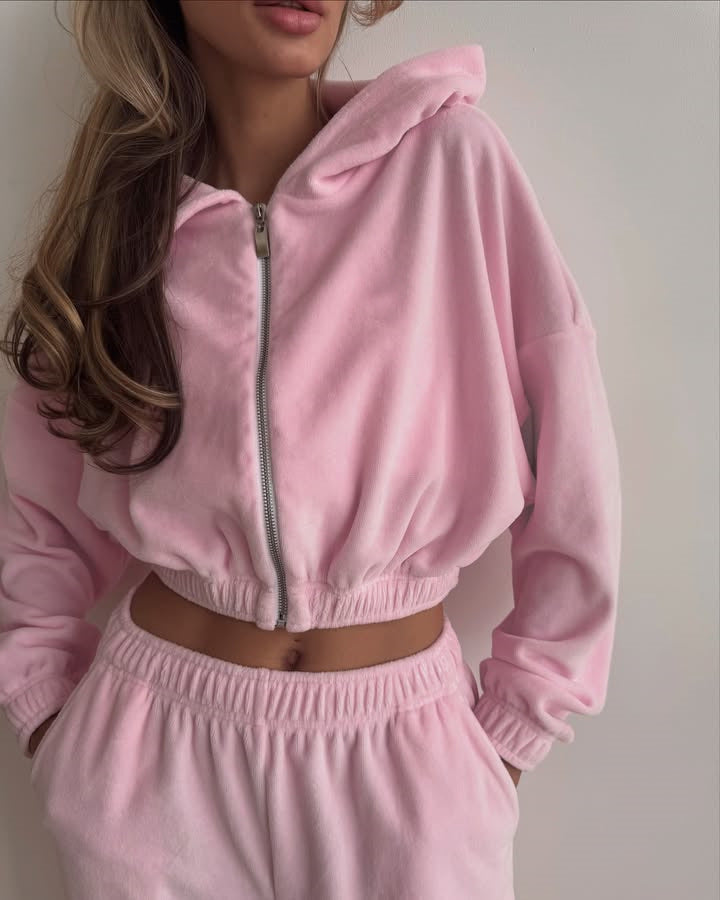 Damen Sportliches Fleece-Set mit hochschließendem Reißverschluss und elastischem Bund R&B