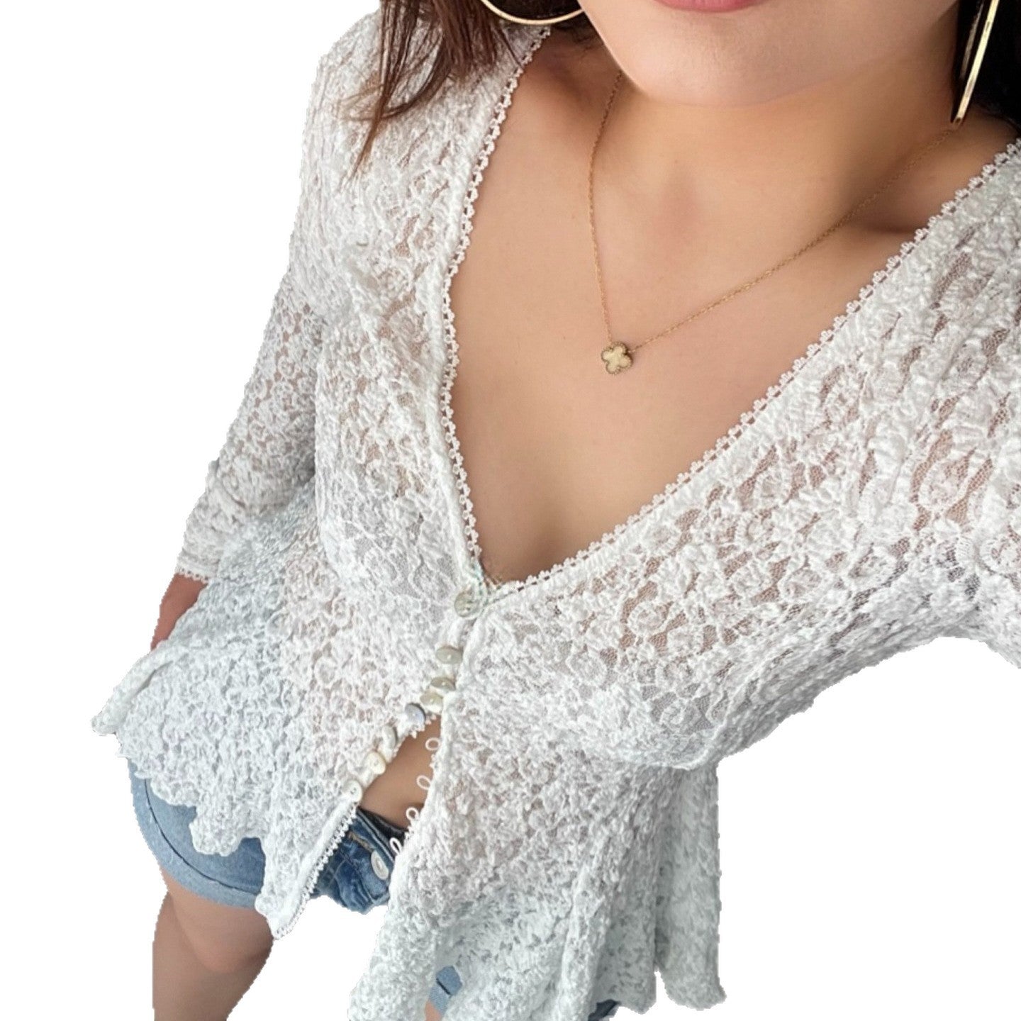 Damen Rüschenbluse aus feiner Spitze mit Knopfdetails R&B