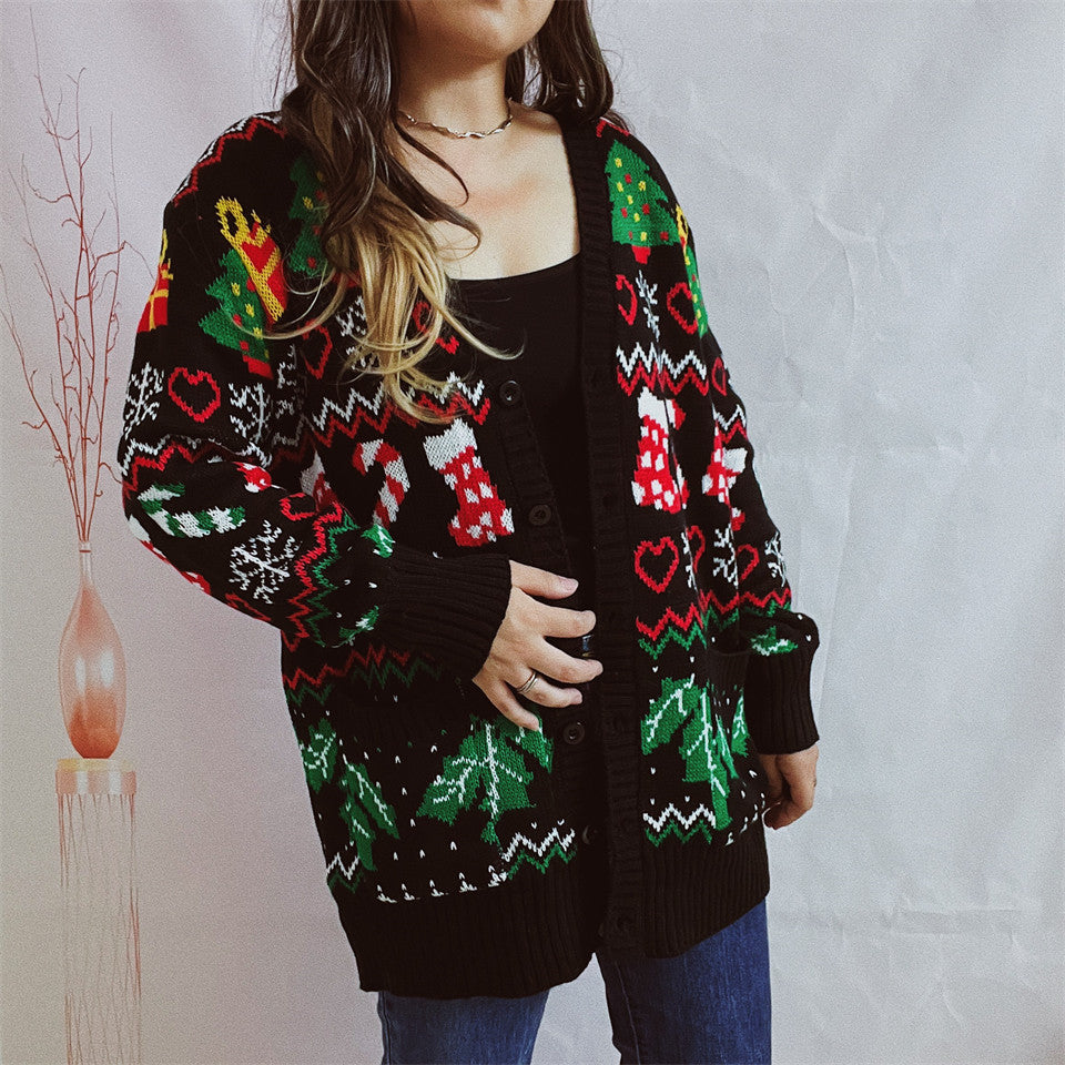 Damen Weihnachts-Strickjacke mit festlichem Design und knöpfbarem Schnitt R&B