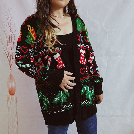 Damen Weihnachts-Strickjacke mit festlichem Design und knöpfbarem Schnitt R&B