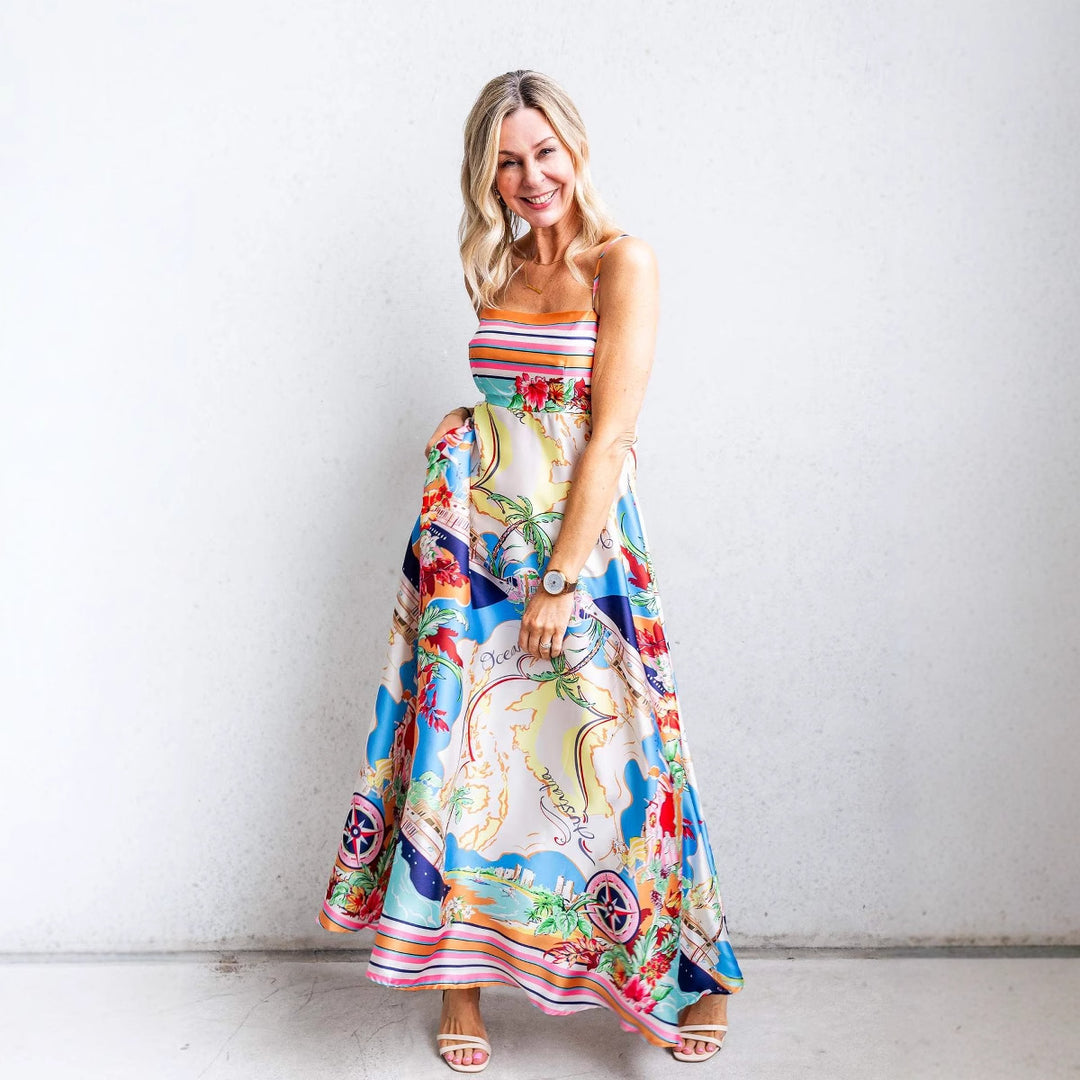Damen Sommerliches Maxikleid mit auffälligem Grafikdesign und Spaghettiträgern R&B
