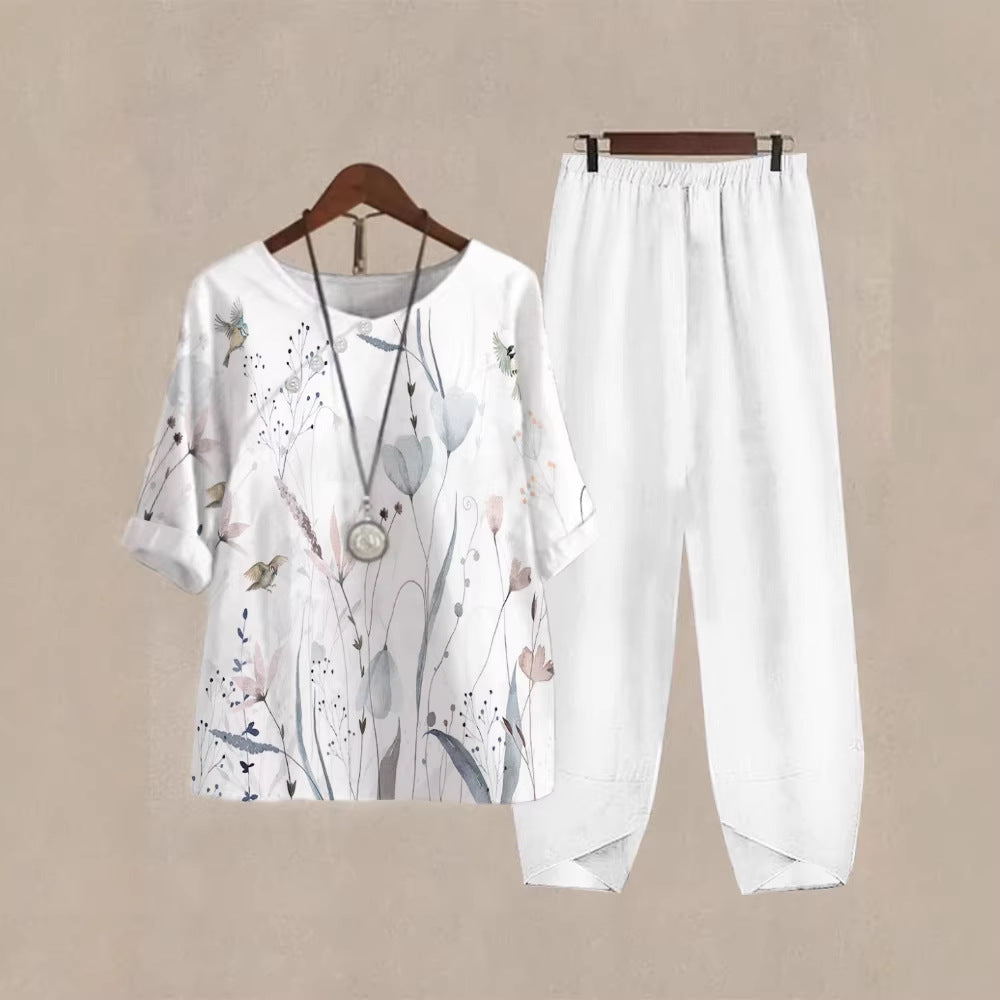 Damen Freizeit Oberteil mit floralem Muster und bequemer Hose R&B