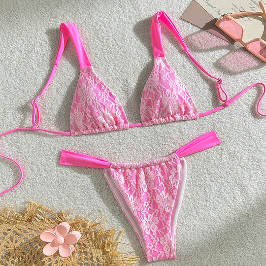 Damen Triangel-Bikini mit floralem Spandex-Muster und verstellbaren Trägern R&B