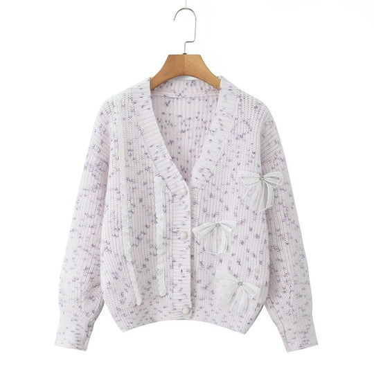 Damen Strickjacke mit dekorativen Schleifen und zartem Muster R&B
