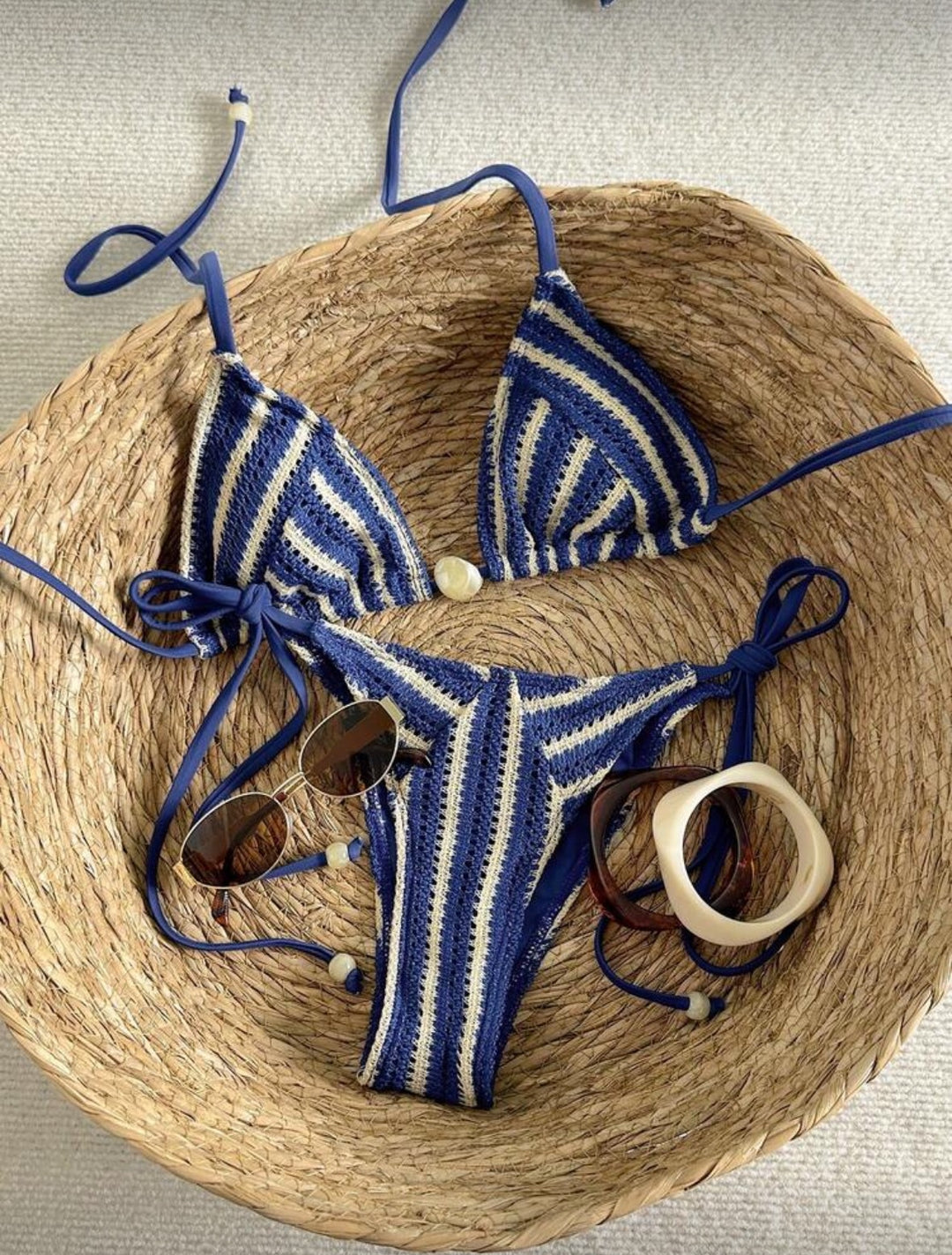 Damen Handgehäkelter Bikini mit maritimem Streifenmuster R&B