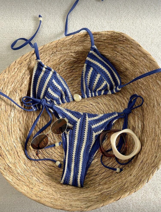 Damen Handgehäkelter Bikini mit maritimem Streifenmuster R&B