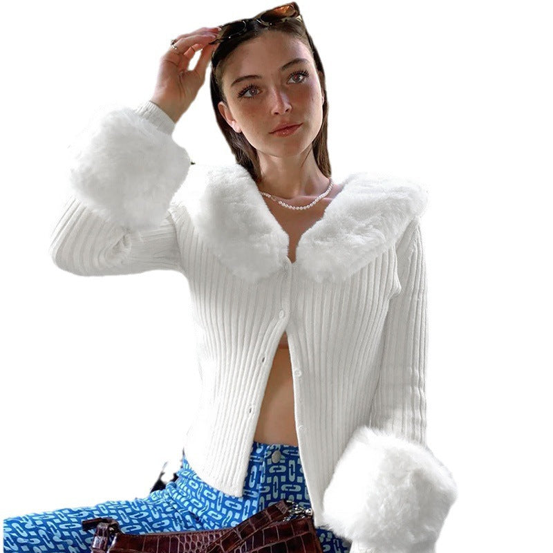 Damen Strickjacke mit luxuriösem Pelzkragen und modischen Puffärmeln R&B