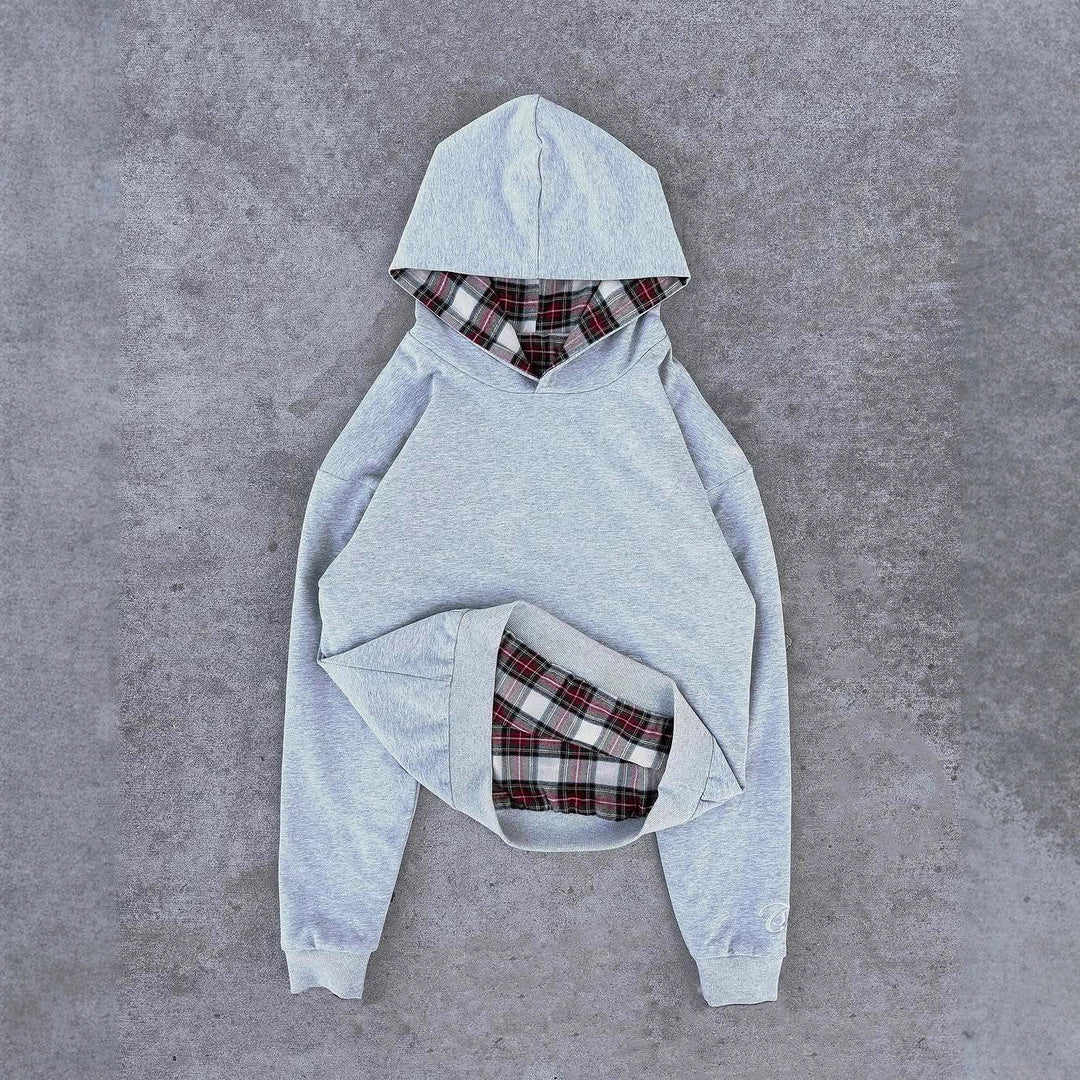 Damen nan kurz geschnittenes Kapuzensweatshirt mit kariertem Flanellfutter und Kängurutasche R&B