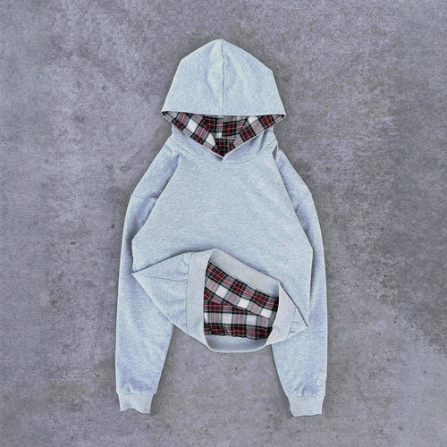 Damen nan kurz geschnittenes Kapuzensweatshirt mit kariertem Flanellfutter und Kängurutasche R&B
