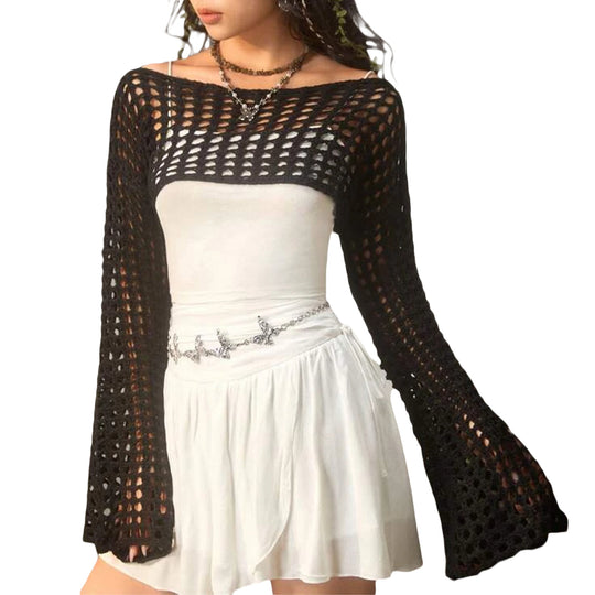 Damen luftiges gehäkeltes Crop-Top mit langen Ärmeln R&B