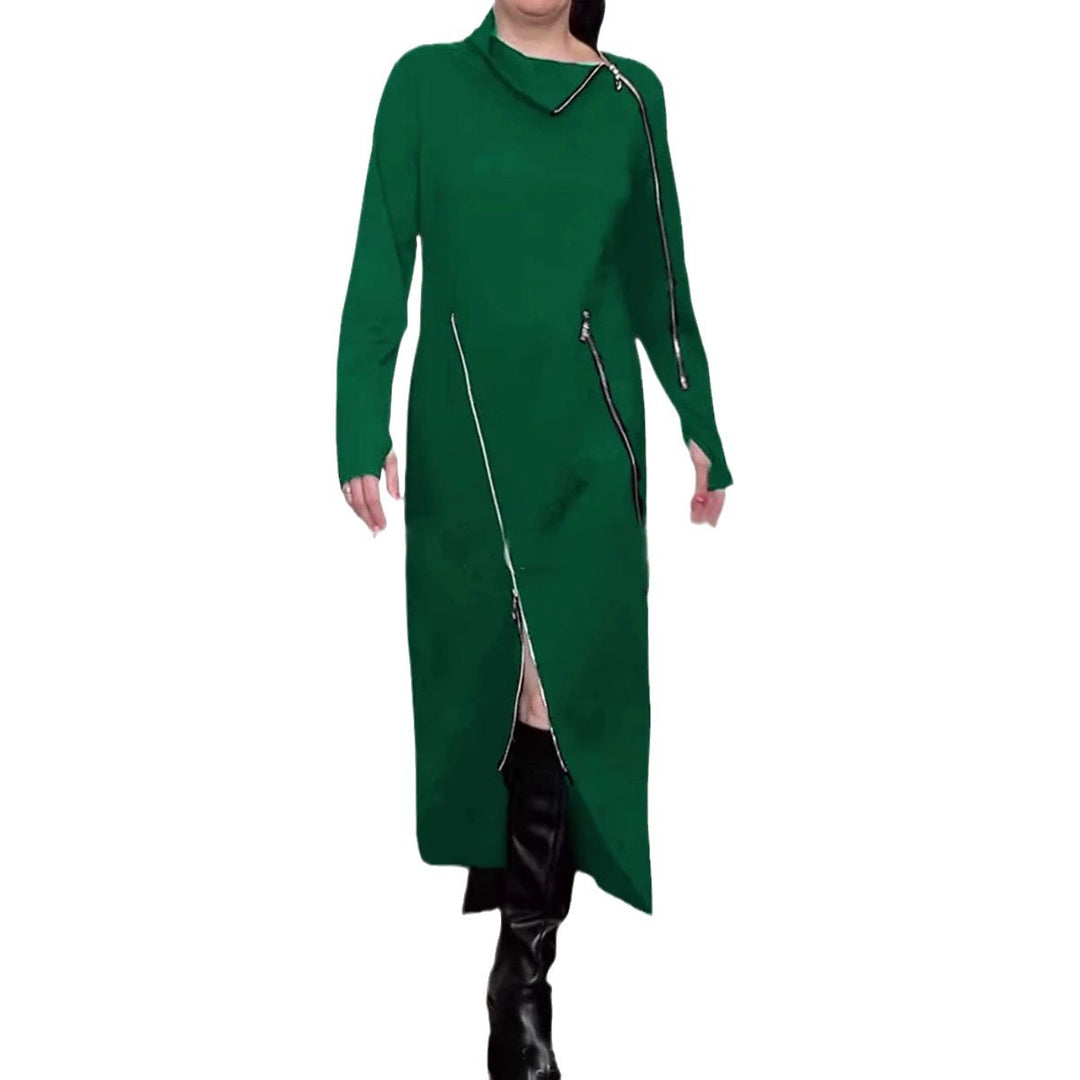 Damen nan langes Strickkleid mit asymmetrischen Metallreißverschlüssen und Frontschlitz R&B