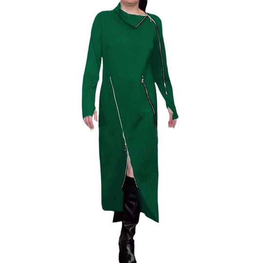 Damen nan langes Strickkleid mit asymmetrischen Metallreißverschlüssen und Frontschlitz R&B