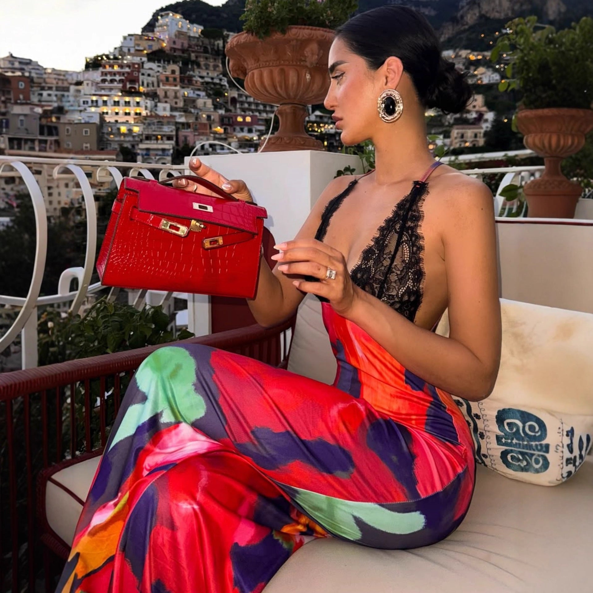 Damen figurbetontes Maxikleid mit floralem Muster und Spitze R&B