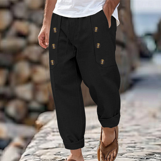 Herren nan lockere Leinenhose mit Zierknopf-Lisenen, gekrempeltem Knöchelabschluss und Eingrifftaschen R&B