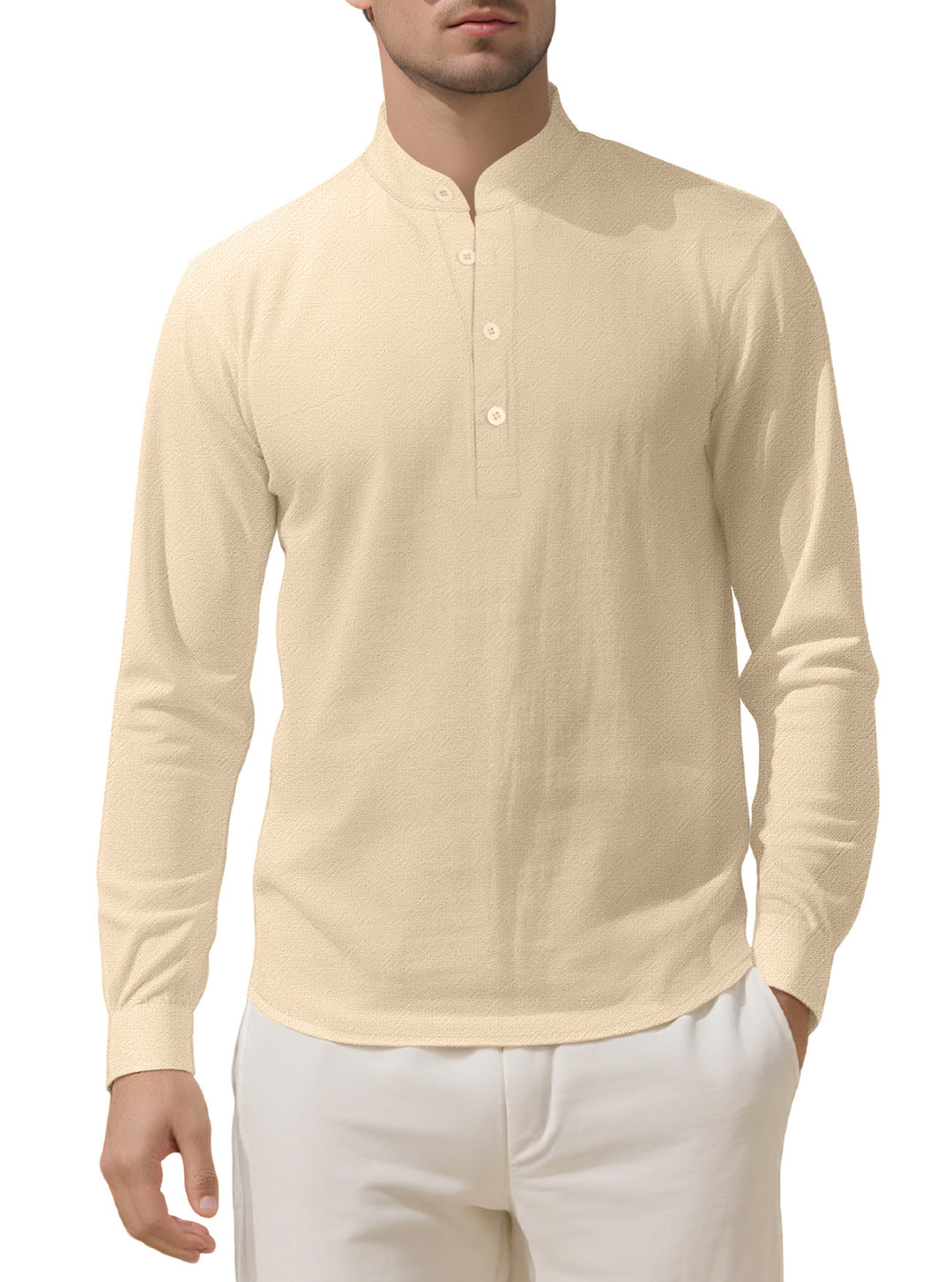 Herren Elegantes Langarmhemd mit Stehkragen und Knopfleiste R&B