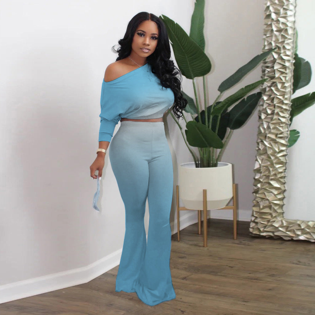 Damen Lässiges Ombre Set mit stilvollem Off-Shoulder Oberteil und figurbetonten Hosen R&B