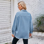 Damen Denim-Überhemd mit fransigem Saum und aufgesetzten Taschen R&B