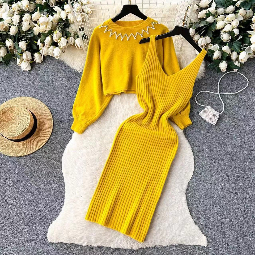 Damen Elegantes Strickkleid mit raffinierter Ribstruktur und stylischem Crop-Pullover R&B