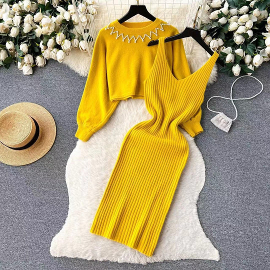 Damen Elegantes Strickkleid mit raffinierter Ribstruktur und stylischem Crop-Pullover R&B