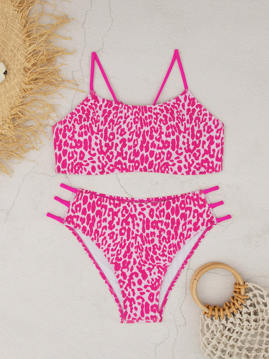 Damen Leopardenmuster Bikini-Set mit sportlichen Details R&B
