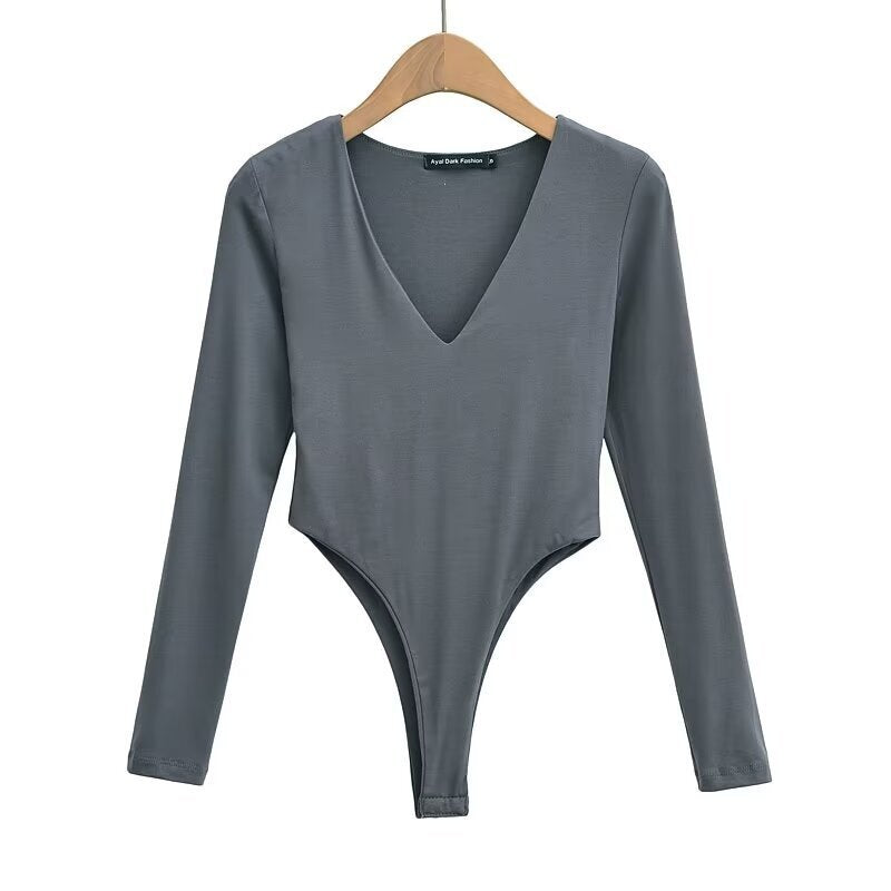 Damen figurbetontes Langarmbodysuit mit tiefem V-Ausschnitt R&B
