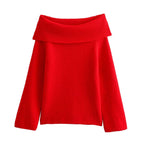 Damen nan oversize schulterfreier Strickpullover mit breitem Umschlagkragen und Rippstruktur R&B