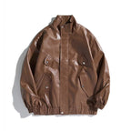 Damen modische Kunstlederjacke mit praktischen Taschen und hohem Kragen
