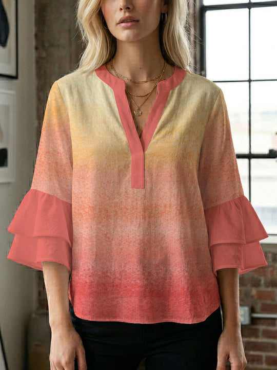 Damen Blusenshirt mit voluminösen Ärmeln und kreativem Druckdesign R&B