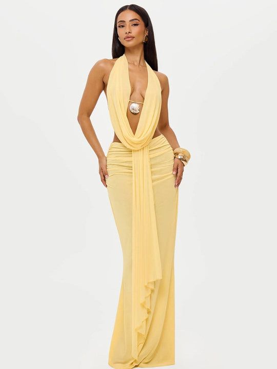Damen Elegantes Strandkleid mit tiefem Ausschnitt und fließendem Stoff R&B