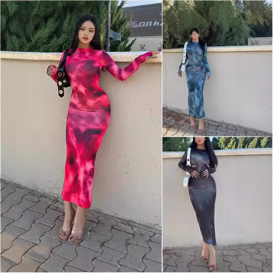 Damen figurbetontes Maxikleid mit langem Arm und modernem Batikmuster R&B